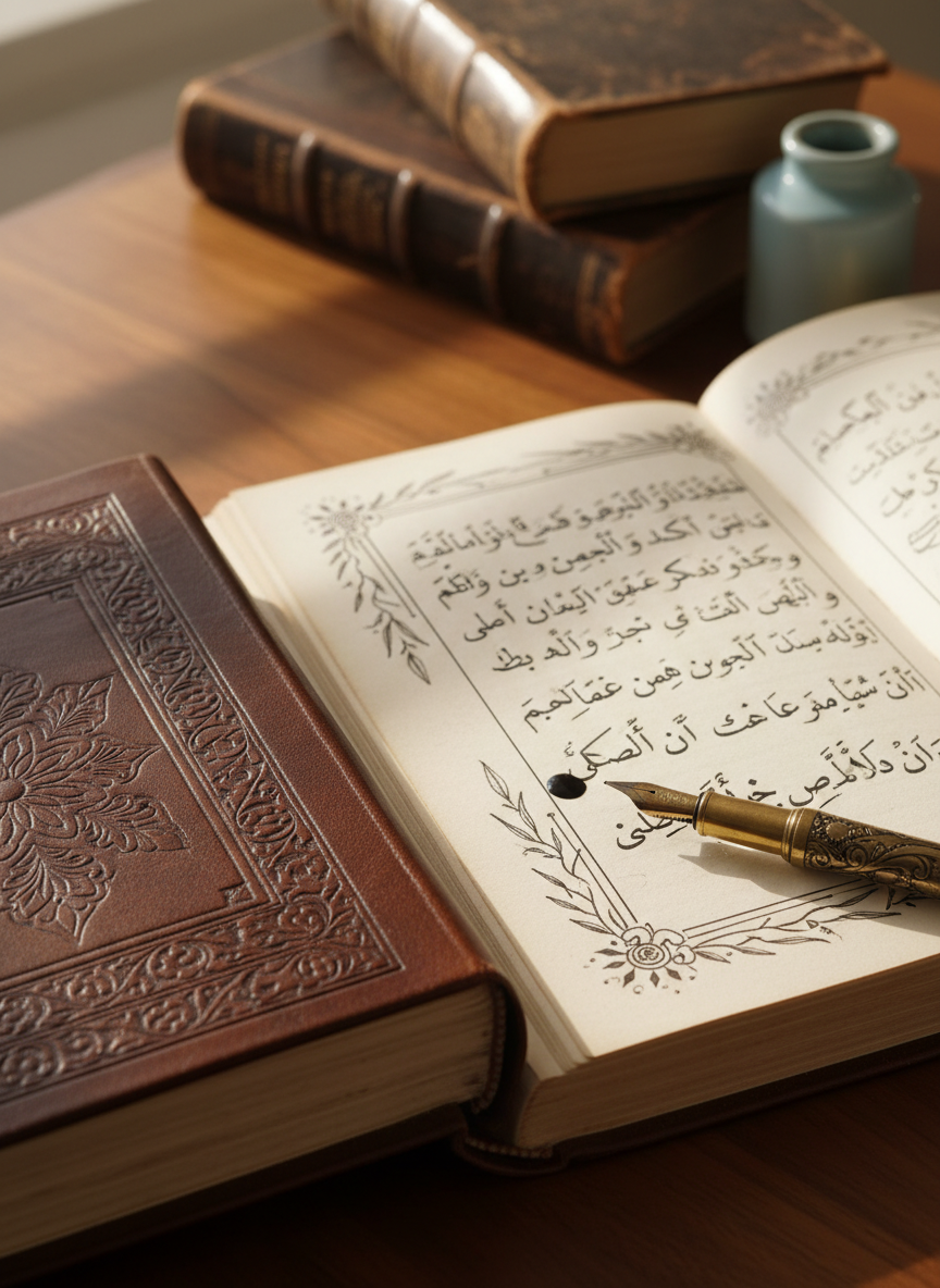 A finely crafted leather-bound Arabic poetry journal resting open on an antique walnut writing desk, its creamy pages filled with elegant, flowing calligraphy and subtle ink flourishes. A vintage brass fountain pen lies diagonally across the margin, a small pool of dark ink glistening at its nib. Soft, warm afternoon light pours in from an unseen window to the left, grazing the textured leather and casting elongated, delicate shadows across the page. In the softly blurred background, a stack of classic poetry books with worn spines leans against a simple ceramic inkwell. Photographic realism, shot at eye level with a shallow depth of field, creating a sophisticated, contemplative atmosphere that suggests intimate, heartfelt writing and refined literary taste.